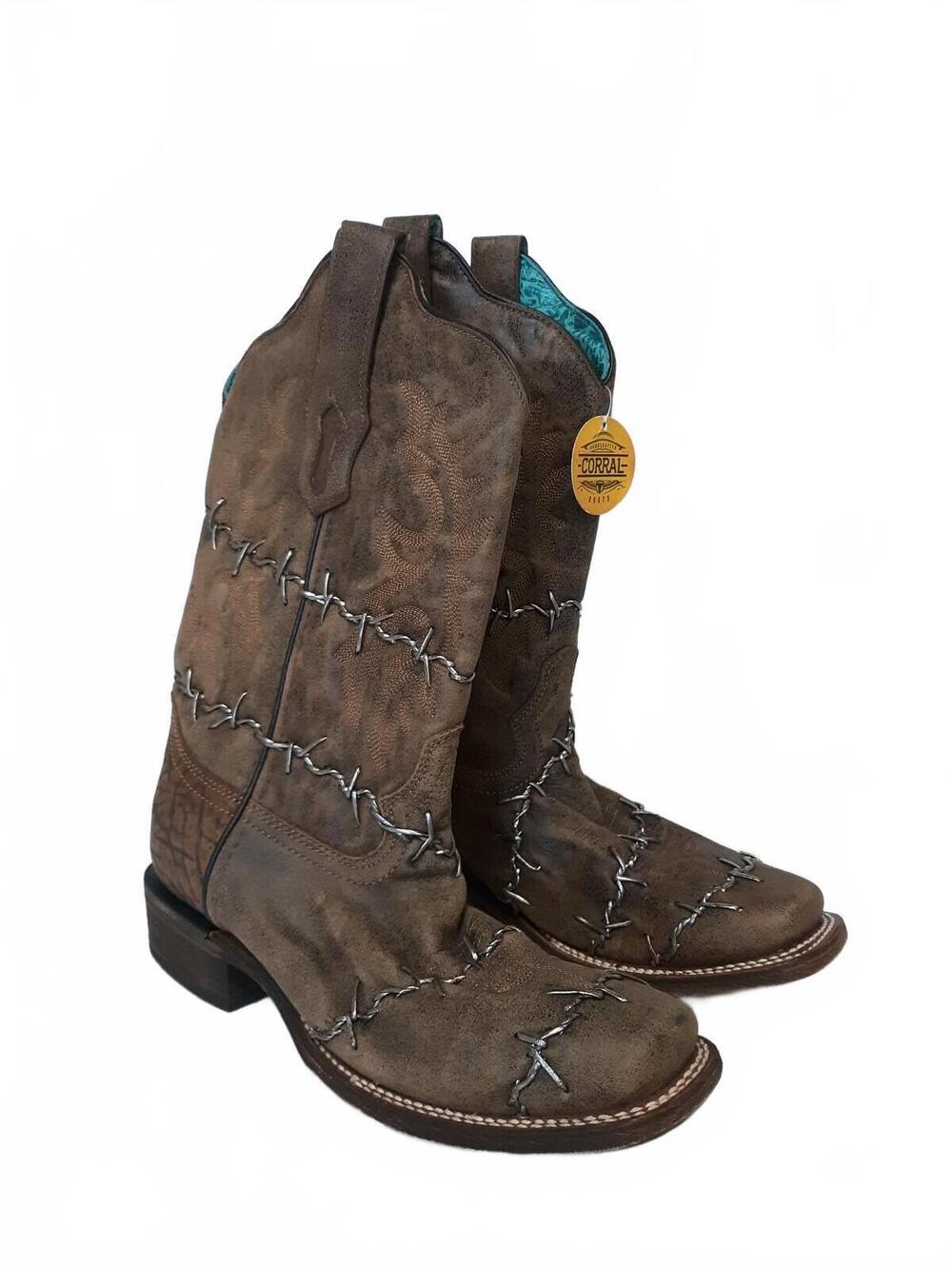 Corral A3815 Women's Barbed Wire Woven Leather Square Toe Cowboy Boots Size 8.5M